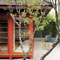 Japanese garden, dry raked gravel, large rock, Zen, Japanese architecture.