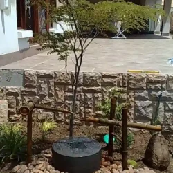 Japanese style garden using some indigenous plants and trees. Japanese water basin with kakehi and shishi-odoshi.