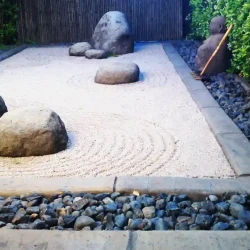 Dry raked Japanese Zen garden comprising only rocks, gravel and moss with a black pebble border