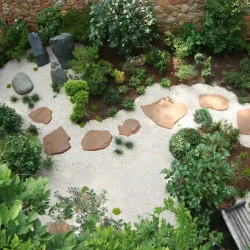 Large Japanese stroll garden. Flat natural rock stepping stones in gravel path