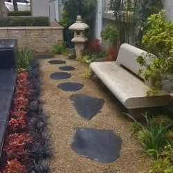 Classical style garden turned Japanese.. Shaped Ficus Ginseng tree. Granite Zen bench. Diamond gravel path. Granite Japanese pedestal lantern. Koi pond.