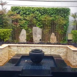 Classical style garden turned Japanese. Three monolith rocks. Temple lions / Foo dogs / Fu dogs. Black dragon ground cover.