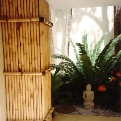 Entrance with bamboo cladding on pillar, Buddha statue with cycad
